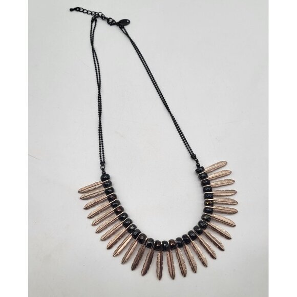 Charming Charlie Black Gold Tone Feather Dangle Fringe Statement Necklace - Picture 3 of 7